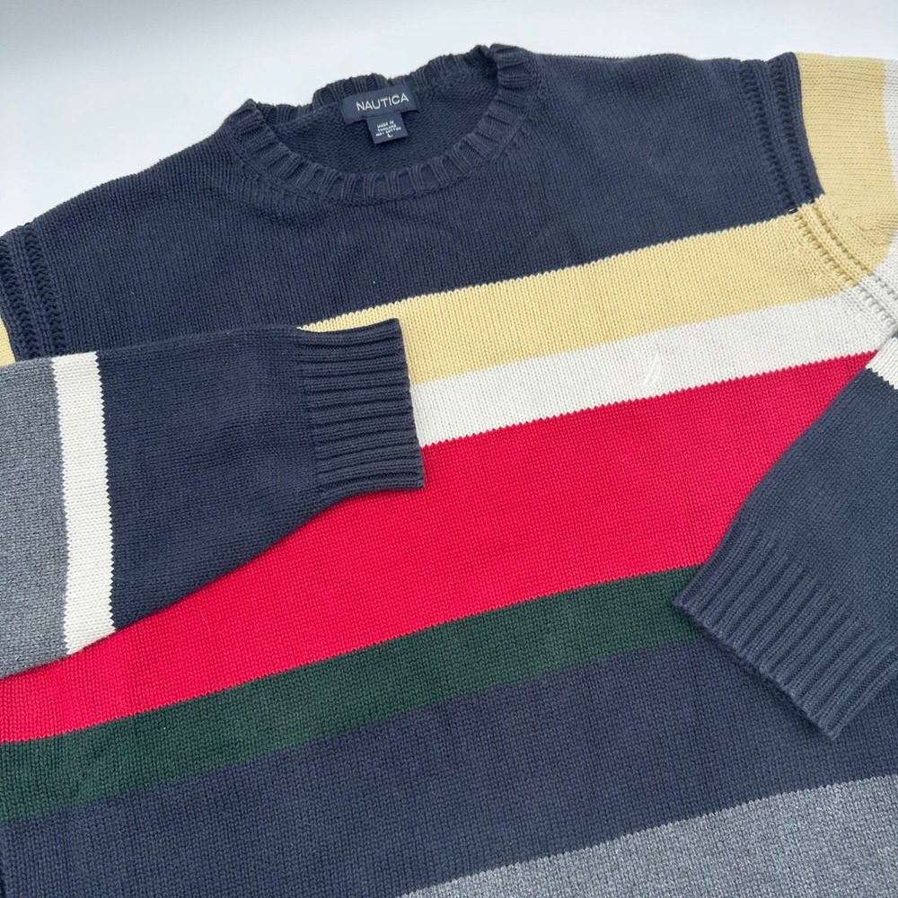 Nautica Mens Large Cotton Knit Striped Crewneck Sweater Navy Red Yellow Preppy‎